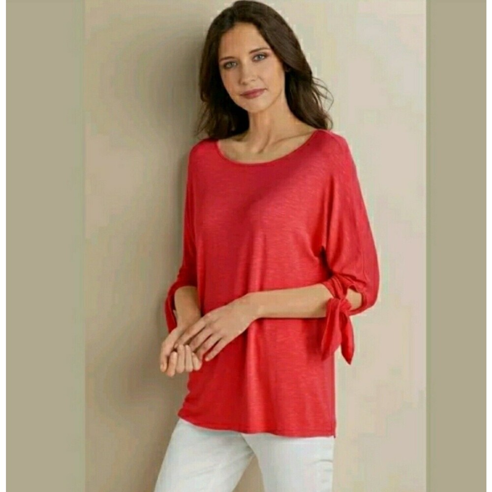 Soft Surroundings Adrift Tie Sleeve Jersey Knit Top Size PM Pink Red New